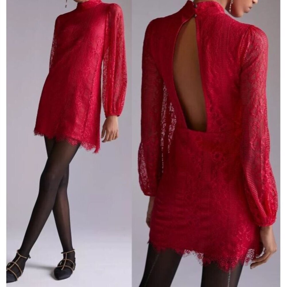 Anthropologie Maeve Open Back Lace Mini Dress 12 Red LS Pockets Mock Neck NWT